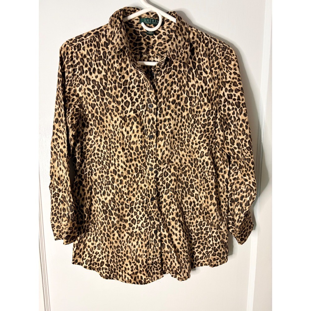 Lauren Ralph Lauren Leopard Print Cotton Button Down Shirt Brown Tan Medium